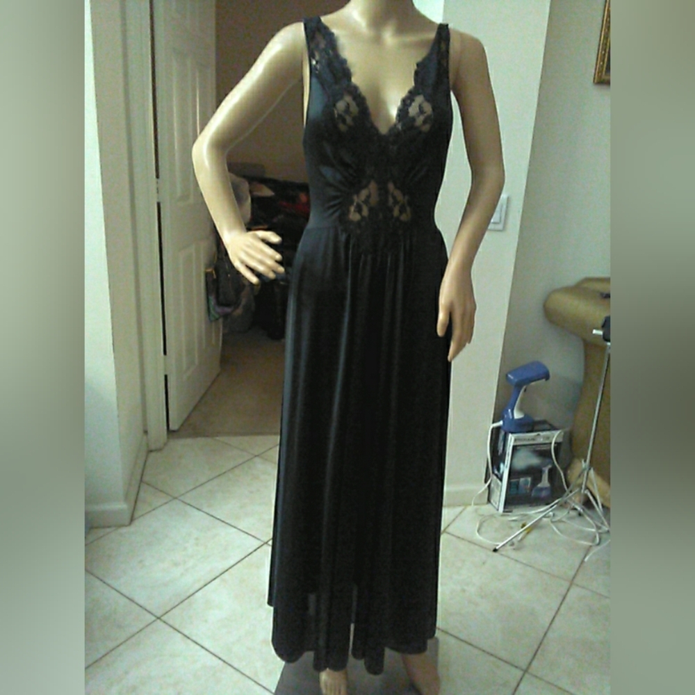 VINTAGE 1980s LORRAINE LINGERIE SET Luxurious Black Lace MAXI W/ ROBE PTP 15-19 - Picture 13 of 16